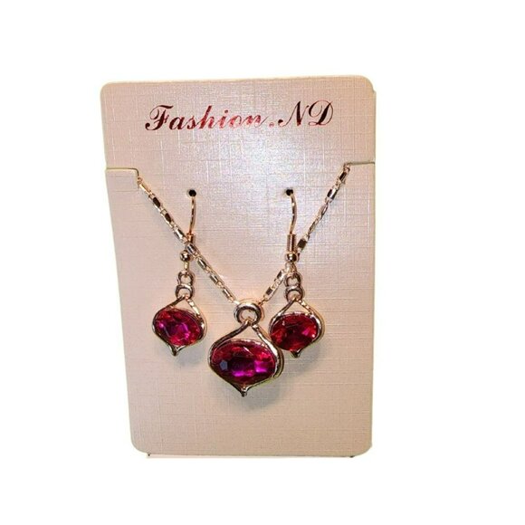 Red Gemstone Rose Gold Necklace & Earring Set - Picture 5 of 6